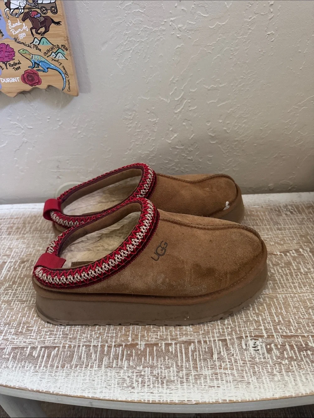 UGG Chestnut Suede Slip-On Clog with Red Trim